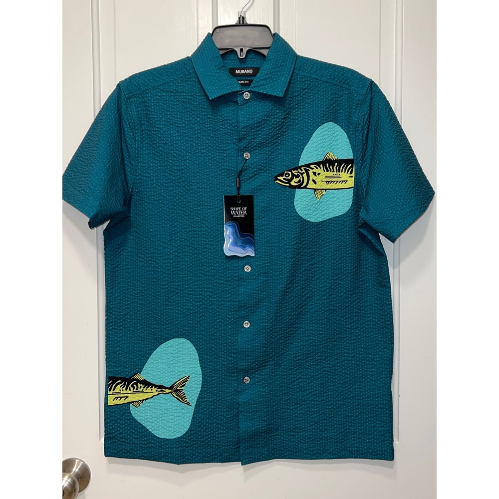 NWT Murano Mens Slim Fit Shape of Water Fish Print Teal Seersucker Shirt Medium